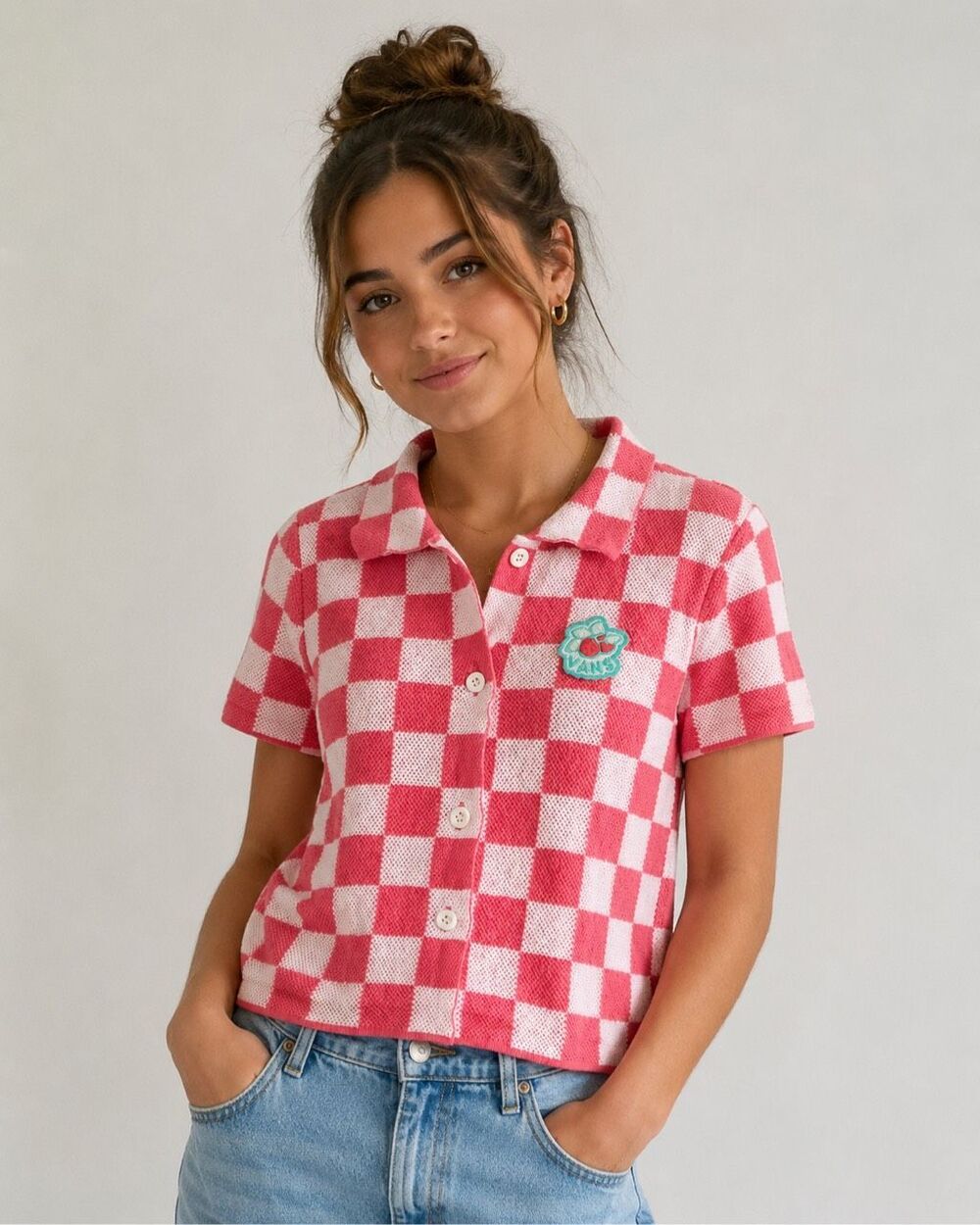 Vans XS Pink White Checkerboard Cherry Button Front Knit Polo Shirt
